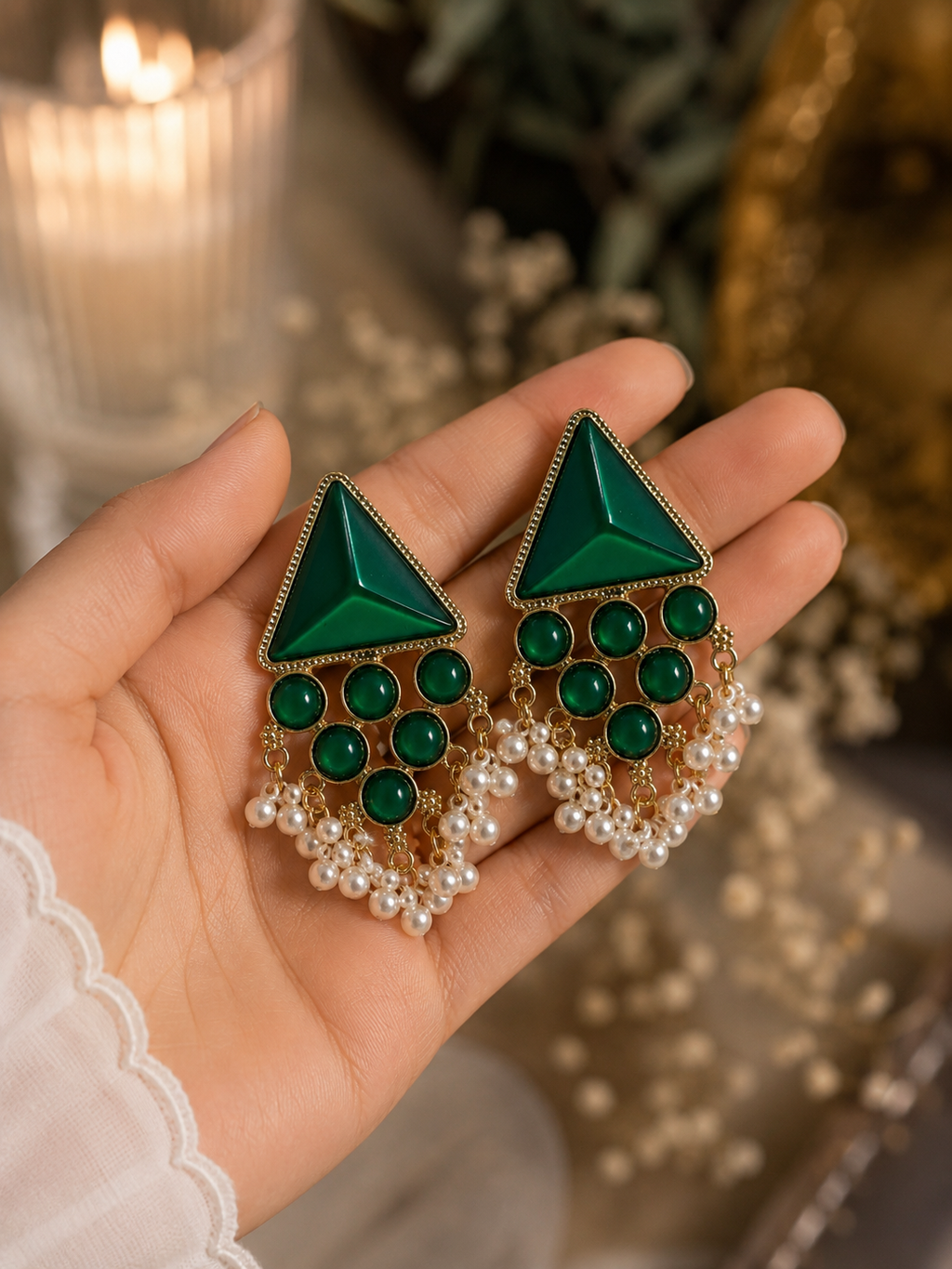 Emerald Pearl Tassel Earrings