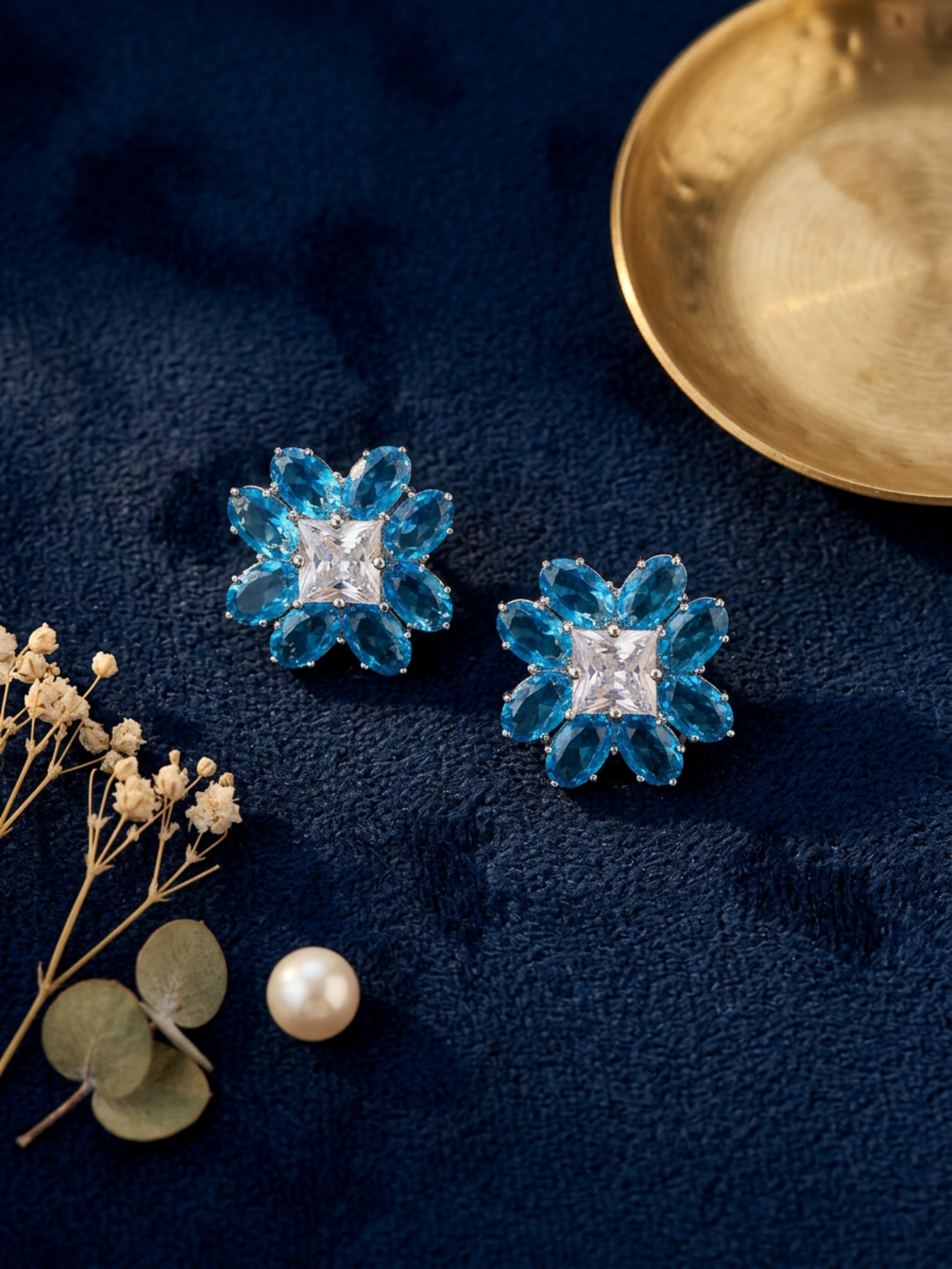 Princess Cut Floral Stud Earrings