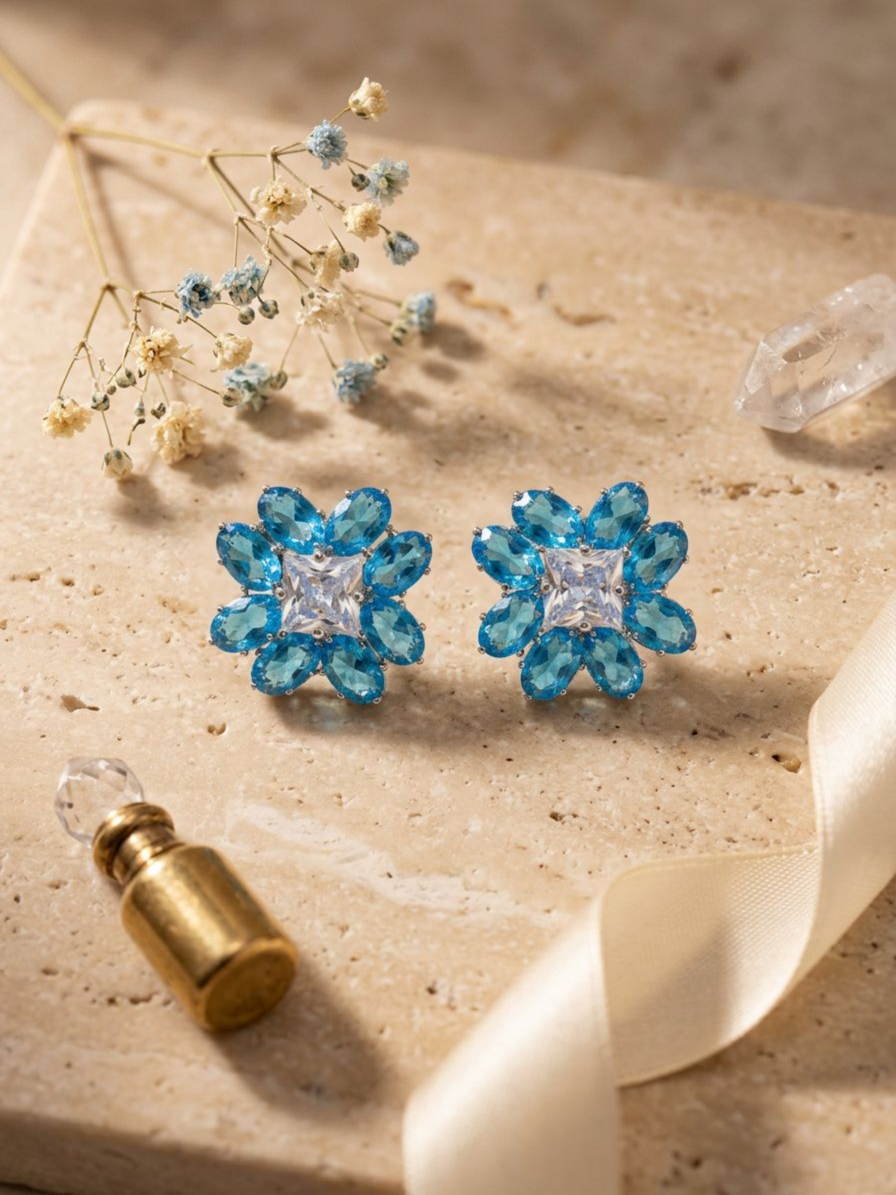 Princess Cut Floral Stud Earrings