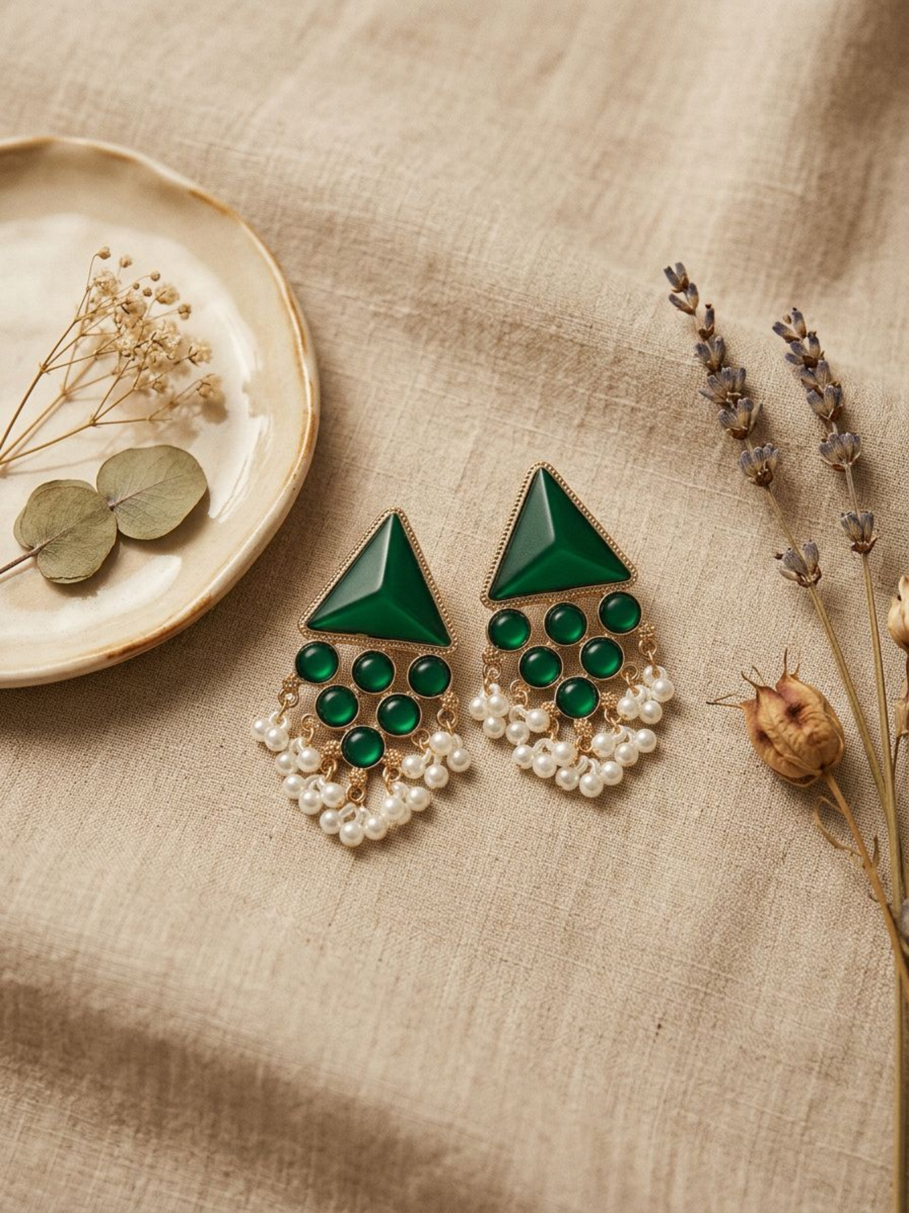 Emerald Pearl Tassel Earrings
